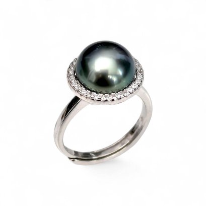 Approx. 10.5 mm, Tahitian Pearl, Solitaire Pearl Halo CZ Ring