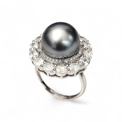 Approx. 12.5 mm, Tahitian Pearl, Solitaire Pearl Double Halo Fancy Shape CZ Ring
