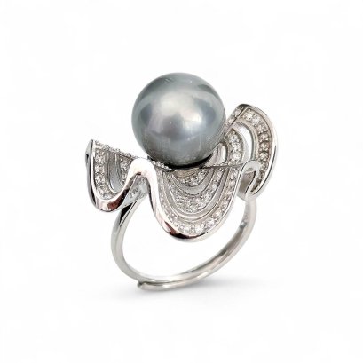 Approx. 11.0 mm, Tahitian Pearl, Solitaire Pearl Blooming Ribbon CZ Paved Ring