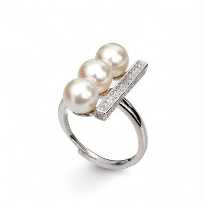 Approx. 7.0 mm, Moonlight Lot, Akoya Pearl, Triple Pearl Bar Ring