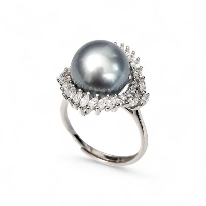 Approx. 11.5 mm, Tahitian Pearl, Solitaire Pearl Diamond Shaped Halo CZ Ring