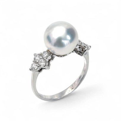 9.6 mm, White South Sea Pearl, Solitaire Pearl, Rhombus Lab Grown Diamond Shoulder Ring