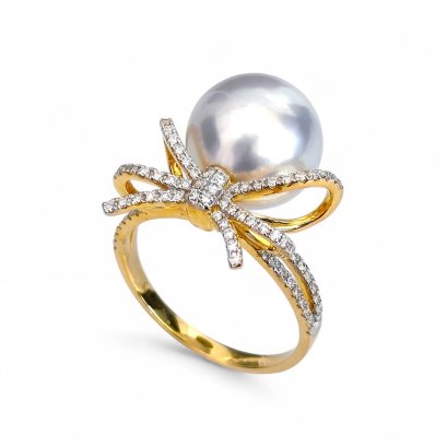 Approx. 12.0 mm, White South Sea Pearl, Solitaire Pearl Bow Diamond Paved Ring