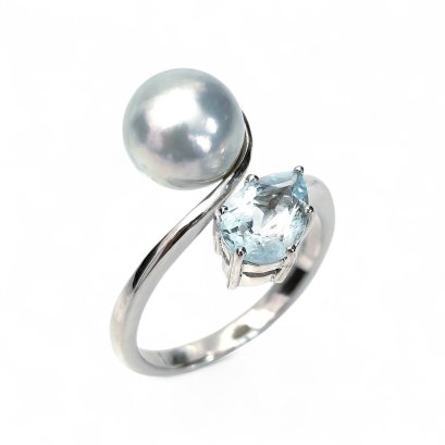 Approx. 8.9 mm, Blue Rose, Akoya Pearl, Aquamarine Light & Pearl Open Ring