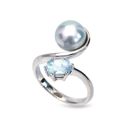 Approx. 8.0 mm up, Blue Rose, Akoya Pearl, Aquamarine Light & Pearl Ring
