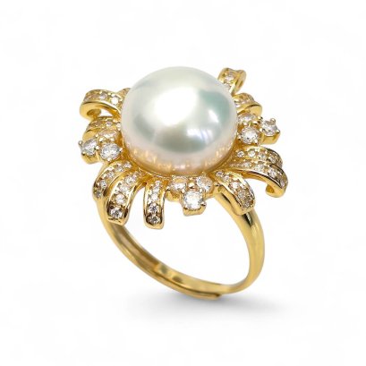 11.3 mm, Edison Pearl, Solitaire Pearl, Firework Halo CZ Solitaire Pearl Ring