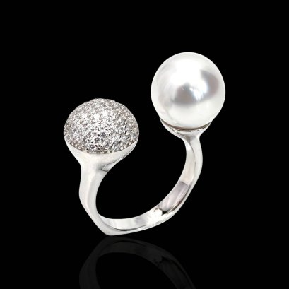 Approx. 11.4 mm, White South Sea Pearl, Shower Head CZ Paved & Pearl Open Ring