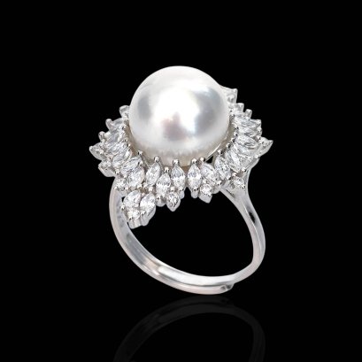 Approx. 10.0 - 11.0 mm, White South Sea Pearl, Solitaire Pearl Halo Drop Shape CZ Paved Ring