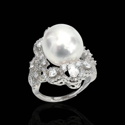 Approx. 13.0 mm, White South Sea Pearl, Solitaire Pearl Royal Halo CZ Paved Ring