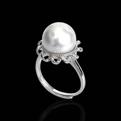 Approx. 11.5 - 12.0 mm, White South Sea Pearl, Solitaire Pearl Halo Ribbon Ring