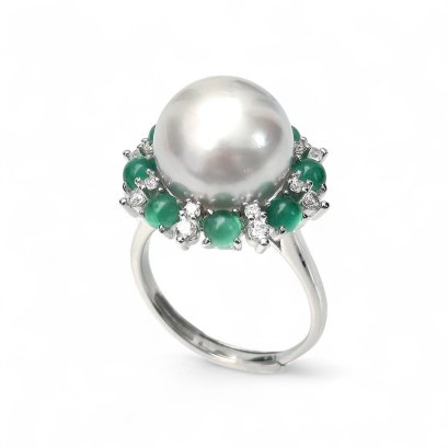 12.2 mm, White South Sea Pearl, Solitair Pearl Green Halo Ring