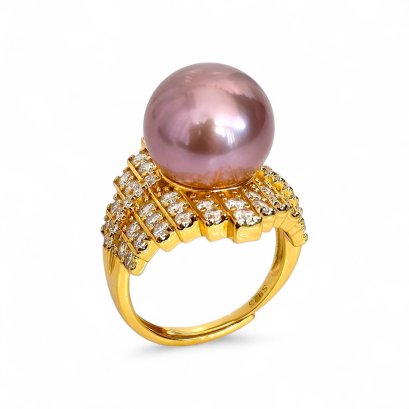 Approx. 12.5 - 13.0 mm, Edison Pearl, "Bricks" Solitaire Pearl CZ Ring