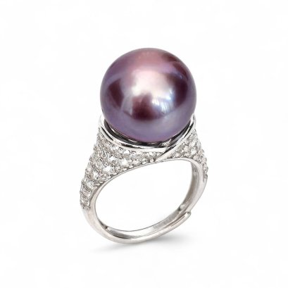 Approx. 13.5 - 14.0 mm, Edison Pearl, Lotus Flower Bloom Solitaire Pearl CZ Ring