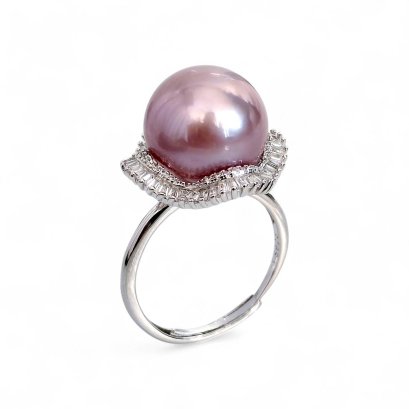 Approx. 13.0 mm, Edison Pearl, Solitaire Pearl Halo Wave CZ Ring