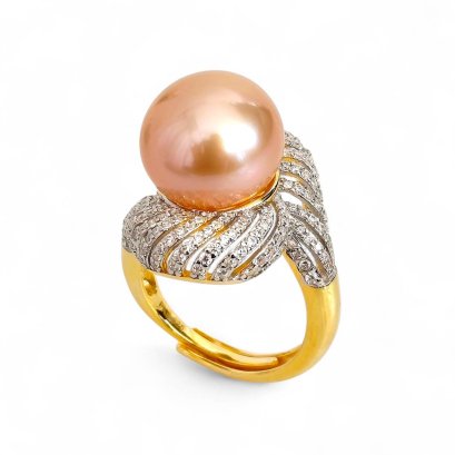 Approx. 12.0 - 13.0 mm, Edison Pearl, Palm Leaf Solitaire Pearl CZ Ring