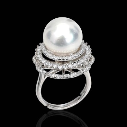 Approx. 12.8 - 13.0 mm, White South Sea Pearl, Spinner Halo CZ Pearl Ring