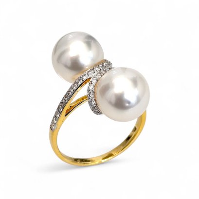 9.7 mm and 9.7 mm, White South Sea Pearl, Double Pearl Shoulder Diamond Paved Ring