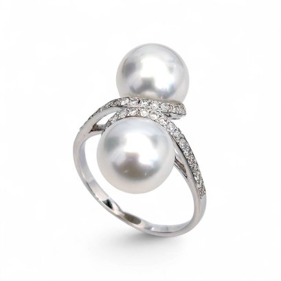 9.5 mm and 9.6 mm, White South Sea Pearl, Twin Pearl Diamond Ring