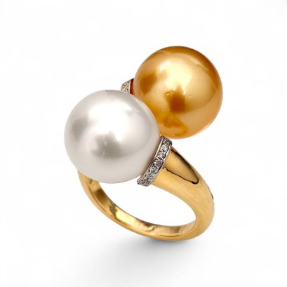 12.7 mm and 13.2 mm, White and Gold South Sea Pearl, Duo Pearl Open Ring