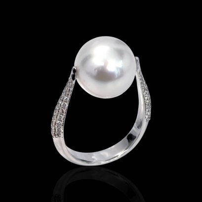 11.7 mm, White South Sea Pearl, Solitaire Pearl Shoulder Diamond Paved Ring