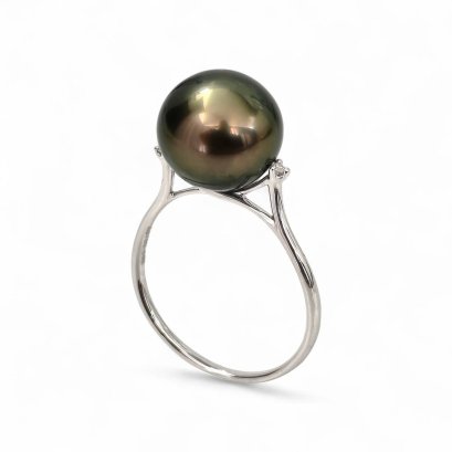 10.71 mm, Tahitian Pearl, Solitaire Pearl Double Diamond Side Stone Ring
