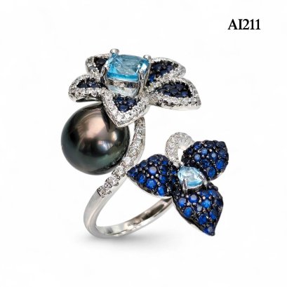 9.9 mm, Tahitian Pearl, Blue Flower Pearl Open Ring
