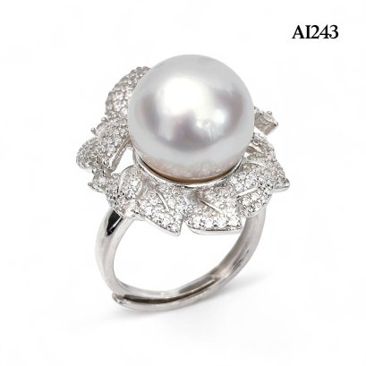 14.0 mm, White South Sea Pearl, Leaves CZ Paved Solitaire Pearl Ring