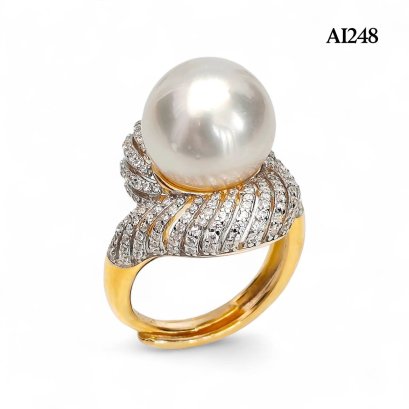 Approx. 13.0 mm, White South Sea Pearl, Palm Leaf CZ Paved Pearl Ring