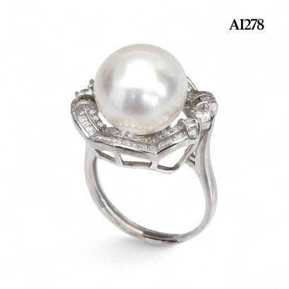 Approx. 13.0 mm, White South Sea Pearl, Flower Wreath Halo CZ Solitaire Pearl Ring