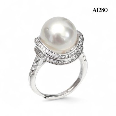 Approx. 12.0 mm, White South Sea Pearl, Double Bowl Halo CZ Solitaire Pearl Ring