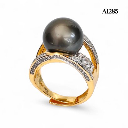 13.5 mm, Tahitian Pearl, Four Stripes Crown CZ Solitaire Pearl Ring