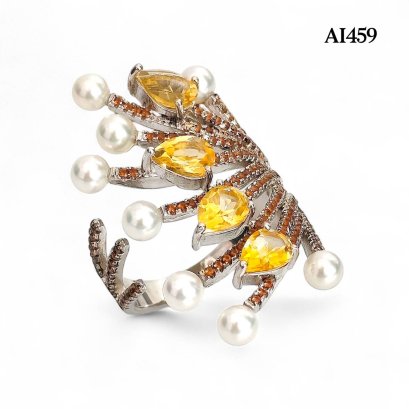 Approx. 4.0 mm, Akoya Pearl, Peacock Tail Citrine & Pearl Open Ring