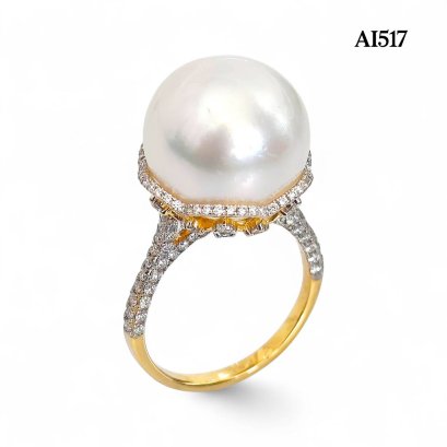 15.0 mm, White South Sea Pearl, Solitair Pearl Stencil Cup Diamond Paved Ring