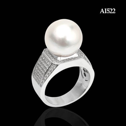 14.7 mm, White South Sea Pearl, Solitair Pearl Men Ring Diamond Paved