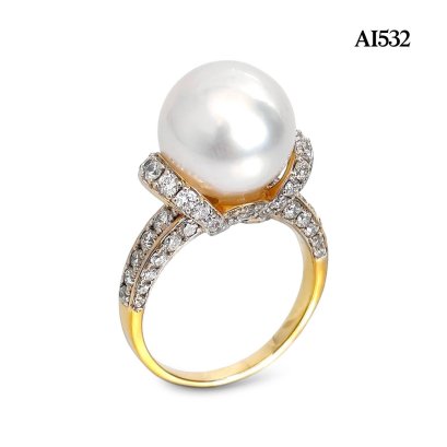 12.3 mm, White South Sea Pearl, Solitaire Pearl Ribbon Diamond Paved Ring