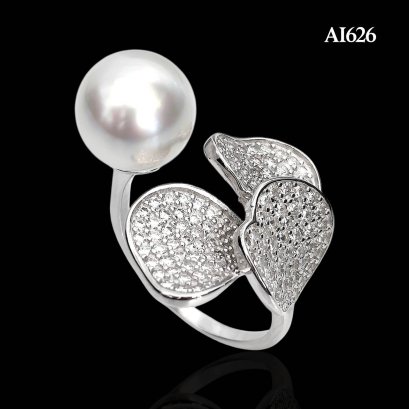 Approx. 9.0 - 10.0 mm, White South Sea Pearl, Umiko CZ Paved & Pearl Open Ring