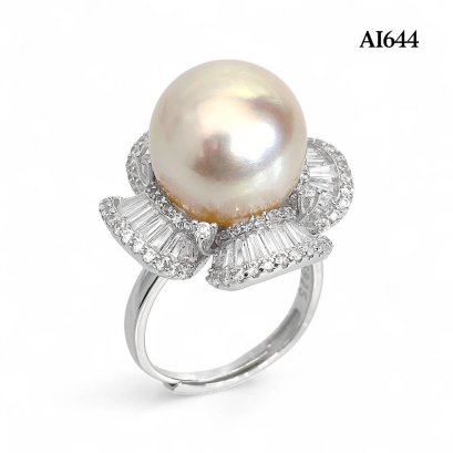 Approx. 12.0 - 13.0 mm, Gold South Sea Pearl, Solitaire Pearl Flower CZ Ring