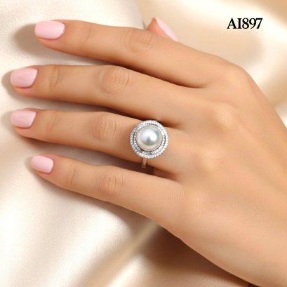 Approx. 9.0 mm up, White South Sea Pearl, Solitaire Pearl Spriral Halo CZ Ring