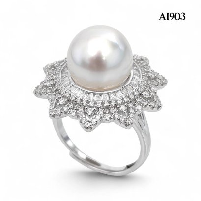 Approx. 11.0 mm, White South Sea Pearl, Solitaire Pearl Halo Sunflower CZ Ring