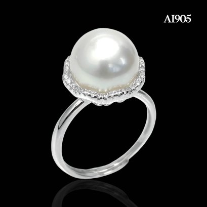 Approx. 11.0 mm, White South Sea Pearl, Solitaire Pearl Halo CZ Wave Ring