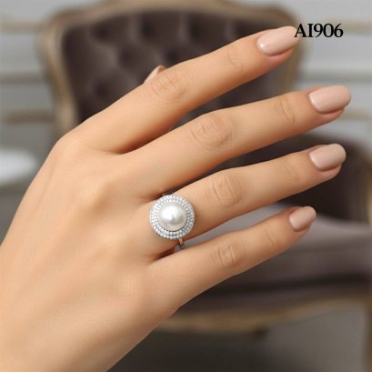 Approx. 9.0 mm, White South Sea Pearl, Solitaire Pearl Double Halo Wave Ring