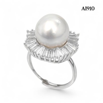 Approx. 12.0 mm, White South Sea Pearl, Solitaire Pearl Halo Sunflower Baguette CZ Ring