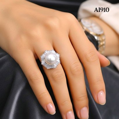 Approx. 12.0 mm, White South Sea Pearl, Solitaire Pearl Halo Sunflower Baguette CZ Ring