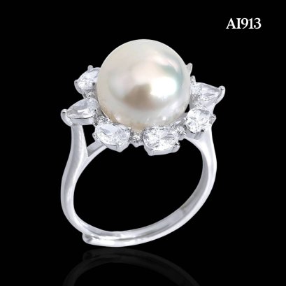 Approx. 11.0 mm, White South Sea Pearl, Solitaire Pearl Halo CZ Fancy Shaped Ring