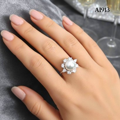 Approx. 11.0 mm, White South Sea Pearl, Solitaire Pearl Halo CZ Fancy Shaped Ring