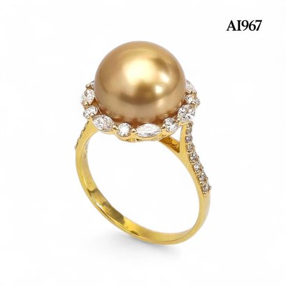 (PSL) Approx. 11.7 mm, Aurora Moon Rainbow, Gold South Sea Pearl, Solitaire Pearl Halo Diamond Ring