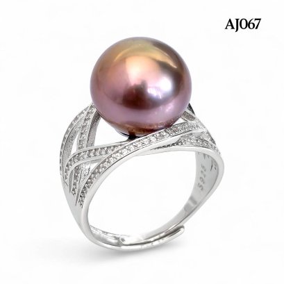 Approx. 12.0 mm, Edison Pearl, Solitaire Pearl Crossed Line CZ Paved Ring