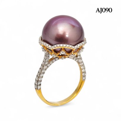 14.0 mm, Edison Pearl, Solitaire Pearl Stencil Cup Moissanite Paved Ring