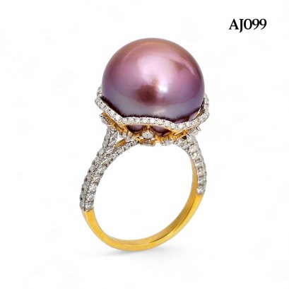 Approx. 14.0 mm, Edison Pearl, Solitaire Pearl Stencil Cup Moissanite Paved Ring