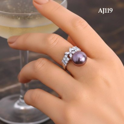 Approx. 12.0 mm, Edison Pearl, Solitaire Pearl Band Flower CZ Paved Ring